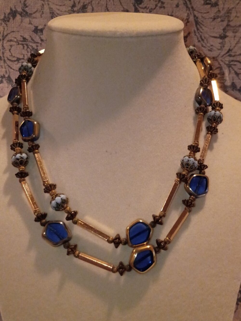 Vintage Art Deco Blue Cabochon Necklace Brassy Gold Tone Filigree Cage Beads